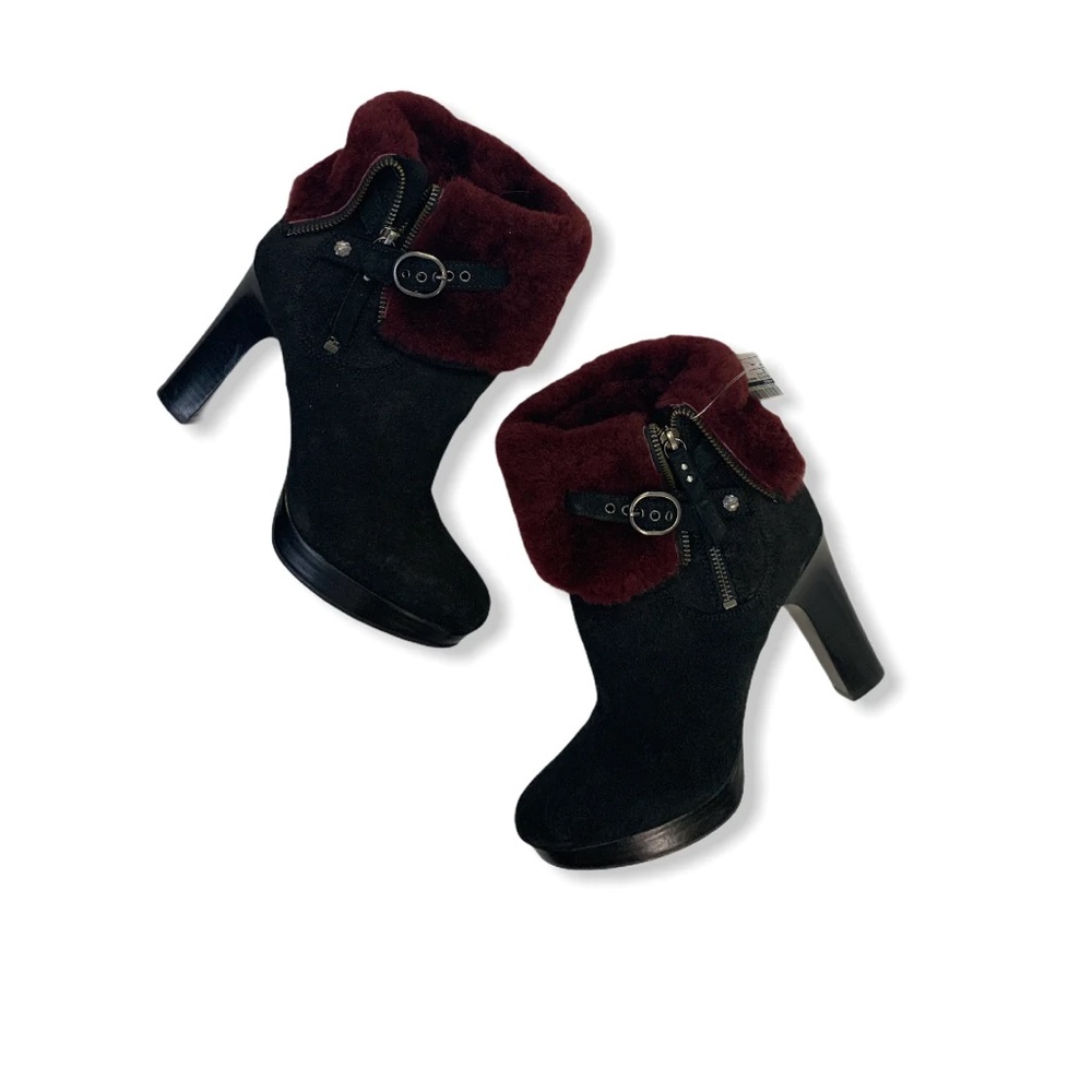 UGG Scarlett Red Fur Heeled Boot Suede Leather Button Strap and Zip Close 7.5